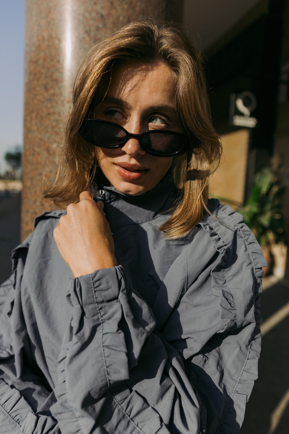 Close-up of the slate grey jacket