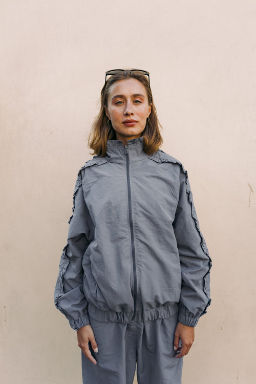 AMLY Ruffle Track Set in slate grey, front view