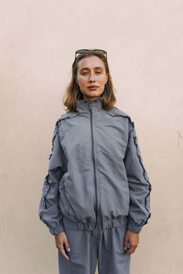 AMLY Ruffle Track Set in slate grey, front view
